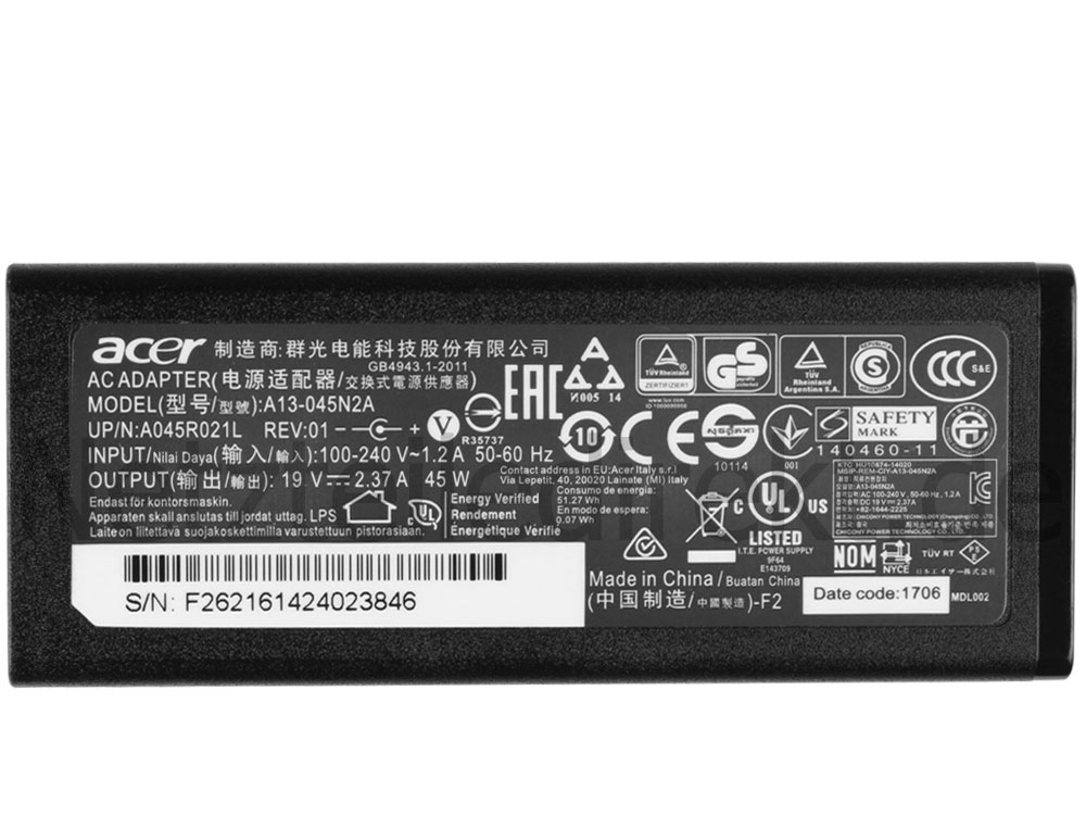 Original Netzteil Ladegerät Acer Aspire R11 R3-131T-C3WH 45W