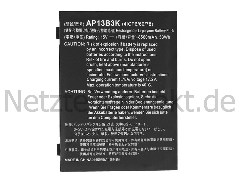 Original 3560mAh 53Wh 4 Zellen Acer KT.0040G.001 Akku